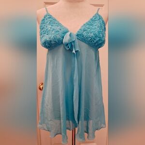 Y2K L.A. Intimates Teal Sheer Open Front Babydoll w Chiffon Rosette Bodice & Bow